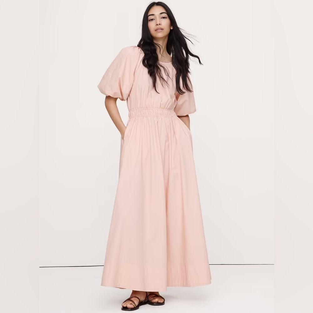 NEW! Banana Republic Pink Shell Cotton Poplin Puff-Sleeve Maxi Dress - 🏕️